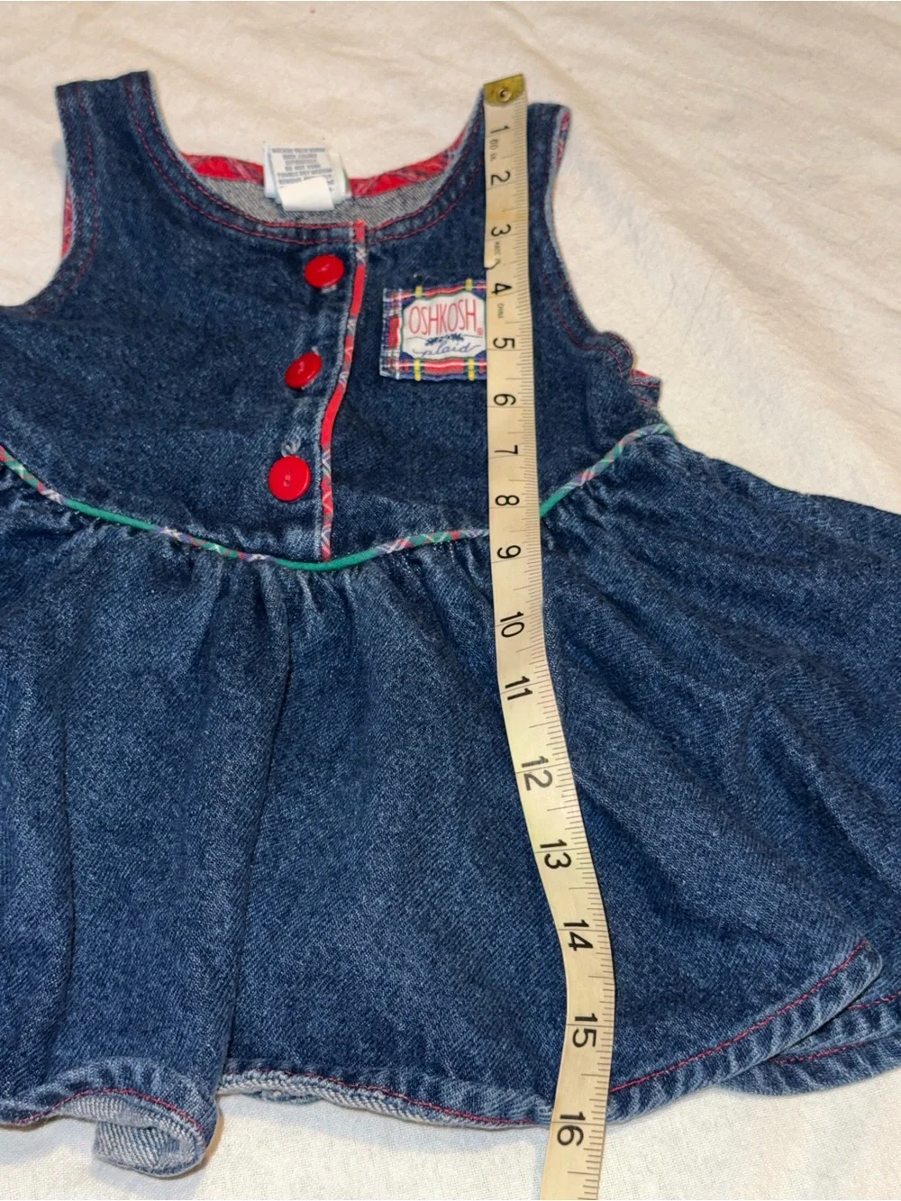 Vintage OshKosh B'gosh Dark Blue Denim Dress with Red Trim and Buttons